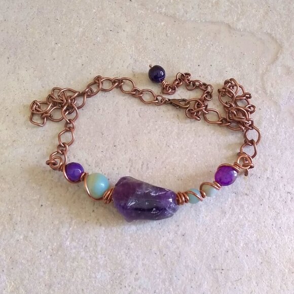 Huge Amethyst + Agate + Amazonite Beads & Copper! Handmade Asymmetrical Choker! - Picture 3 of 10